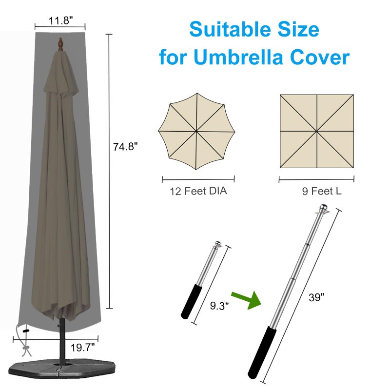 OKPOW Patio Umbrella Cover for 9ft to 12ft Outdoor Umbrellas - 420D Waterproof Garden Market Umbrella Cover Outside Parasol Covers with Zipper for Deck Pool Beach Umbrellas, Black - Image 2